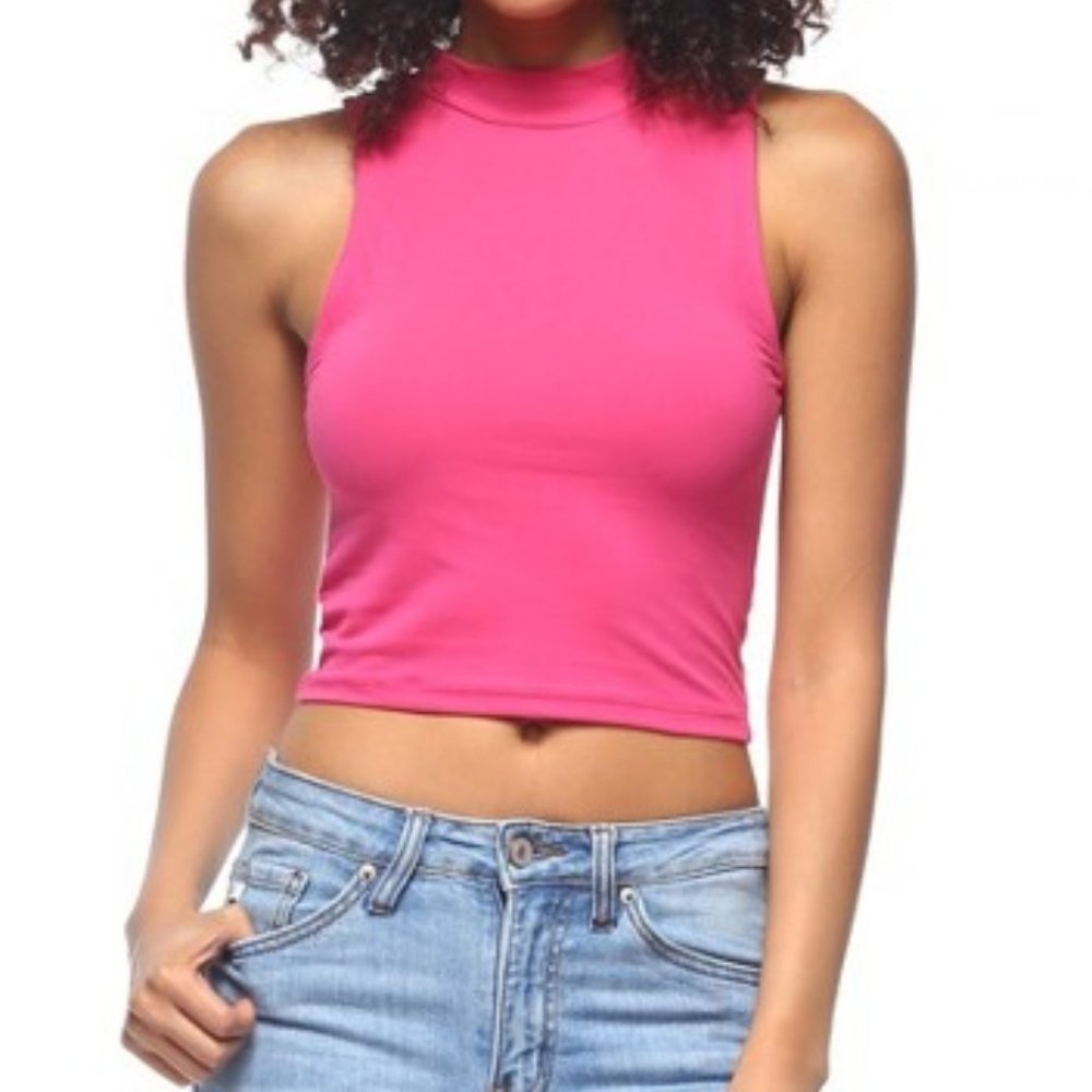 Stretch Knit Pink Mock Neck Crop Top. - #H7